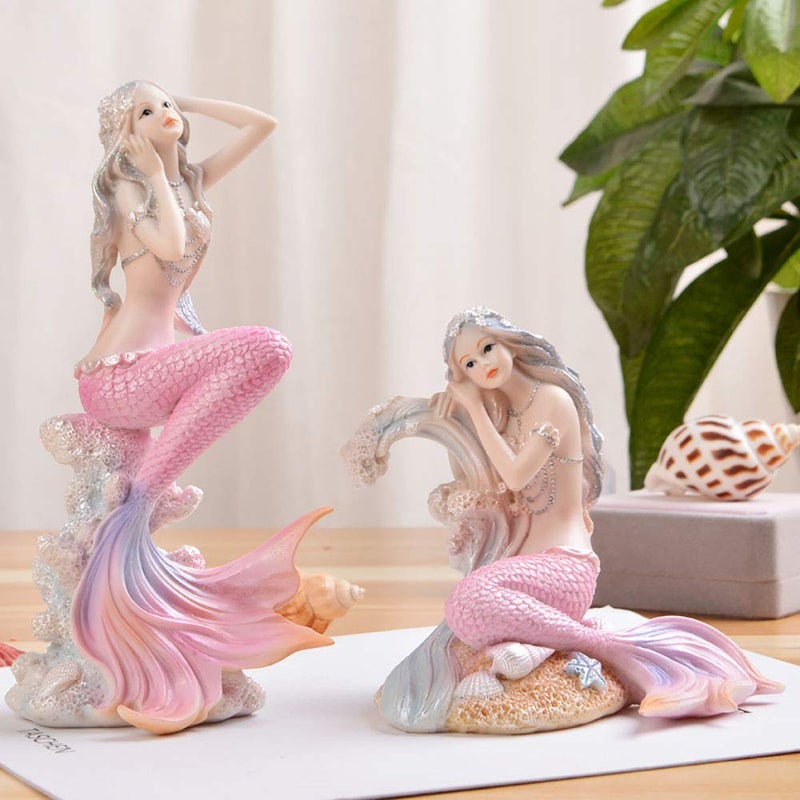Rayberro Pink Mermaid Figurines 4.72" Resin Mermaid Sculpture Mediterranean Princess Ornaments Home Office Desktop Bookshelf Mermaid Collectible Figurines Crafts Fish Tank Aquarium Decoration - Image 4